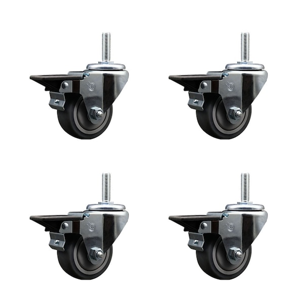 3 Inch Thermoplastic  Rubber Wheel Swivel 34 Inch Threaded Stem Caster Set with Brake SCC